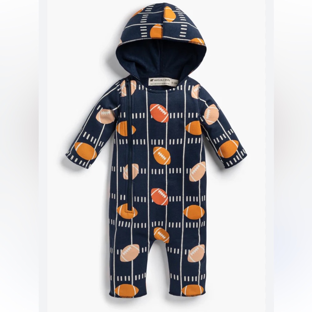 Monica + Andy Organic Cotton Baby Outfit 6-9M Hooded One Piece Football Print
